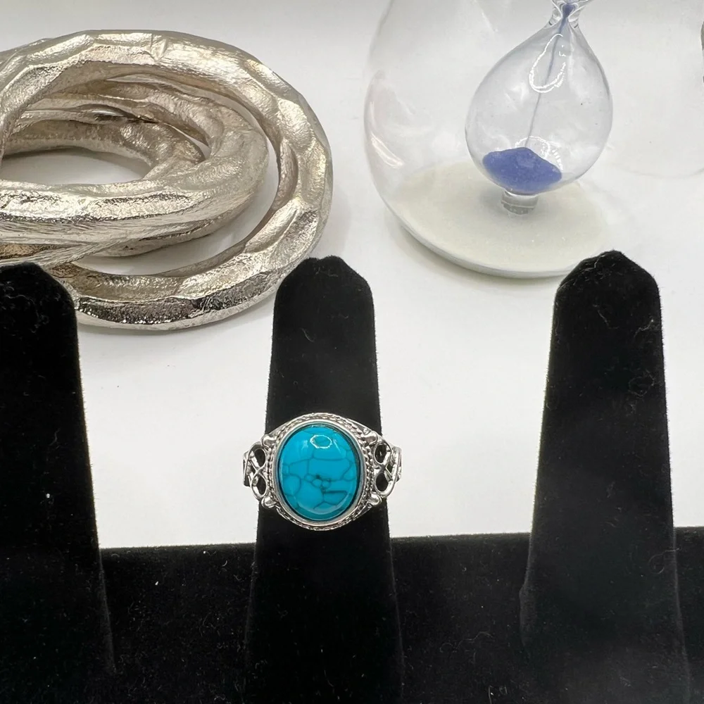 Stainless‎ Steel Ring With Turquoise Colored Stone SZ 7 NEW.